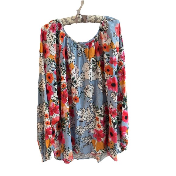 Light Blue Floral Peasant Blouse Long Sleeve Romantic Boho Top 2X - Picture 1 of 6